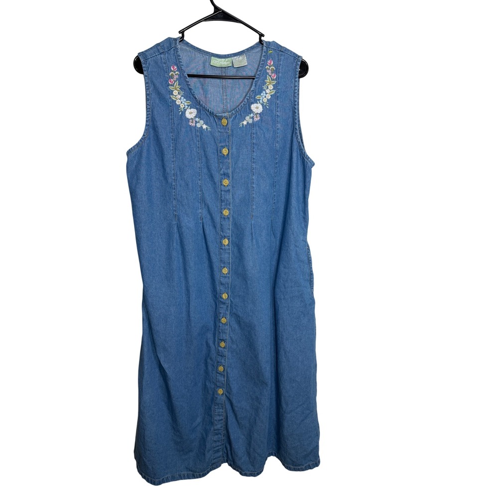 220 Hickory Vintage Denim Midi Dress Floral Embroidered Button Front Blue L
